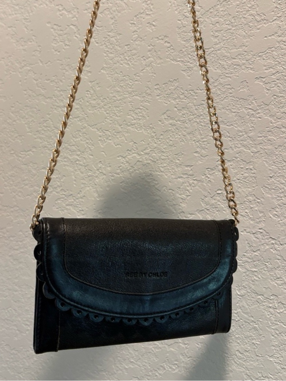 See by Chloé Black Leather Scalloped Trim Flap Long Wallet/Clutch